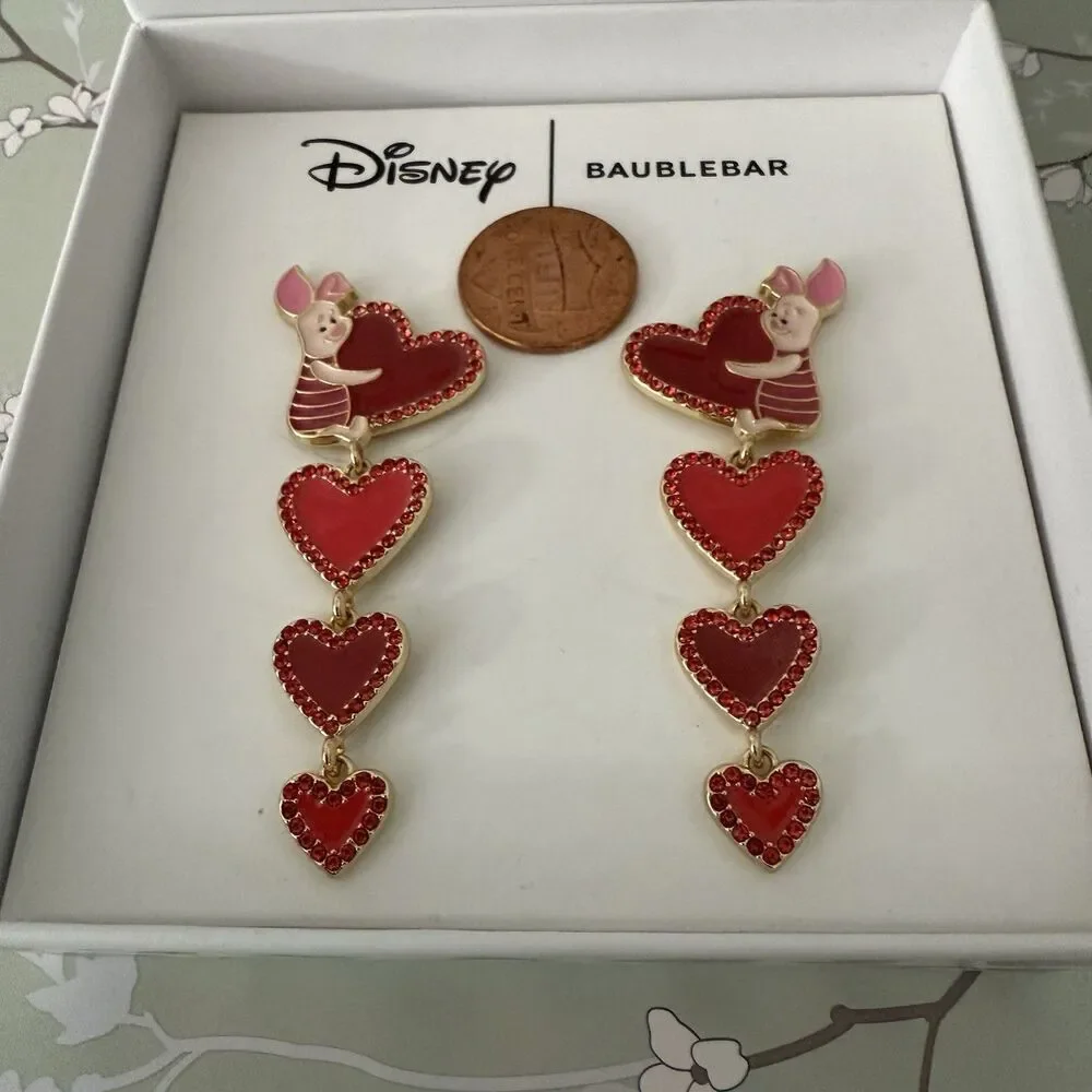 Disney Baublebar Piglet Valentine's Day Red Heart Dangle Earrings w/Crystals NIB